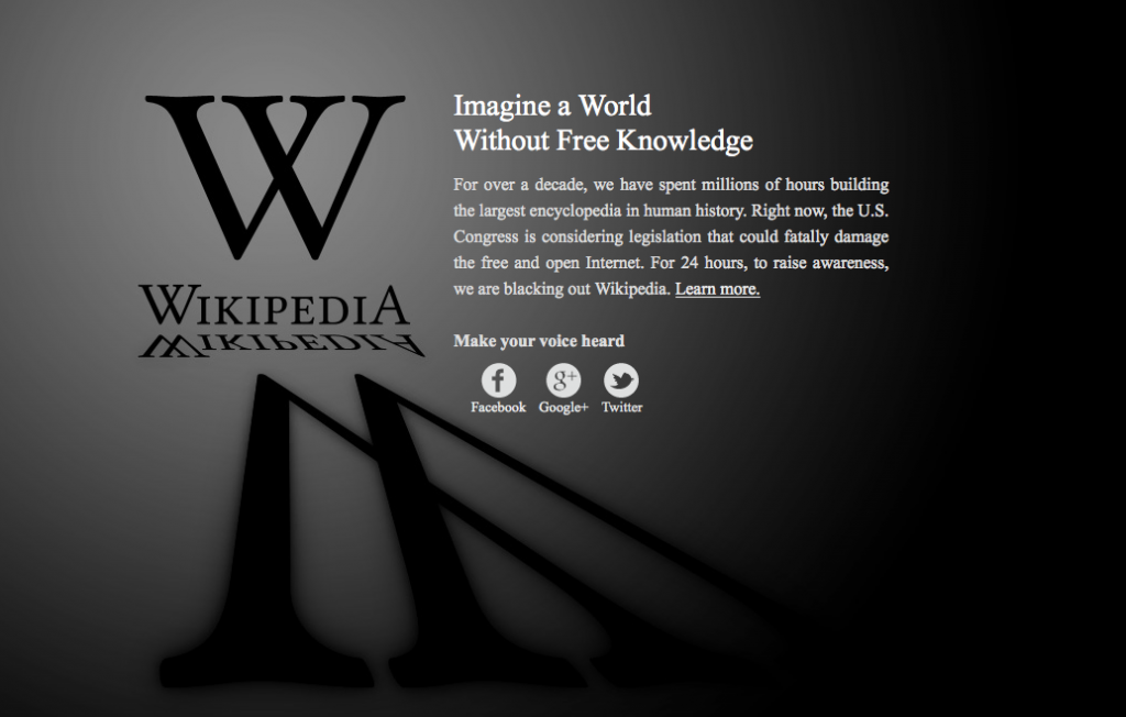 Wikipedia protests sopa by blacking its website.